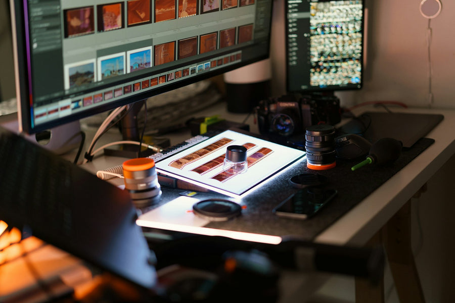 Photography worktable with camera equipment and film